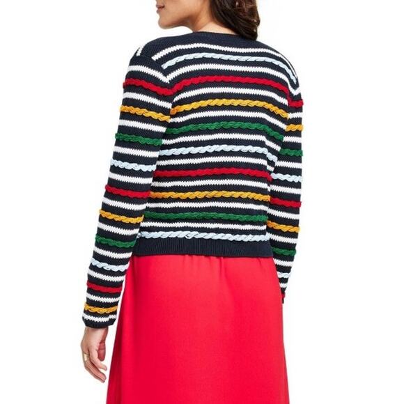 1X 🔖 LA LIGNE x Target Women's Textured Striped Cardigan Sweater Navy Red - Picture 7 of 16